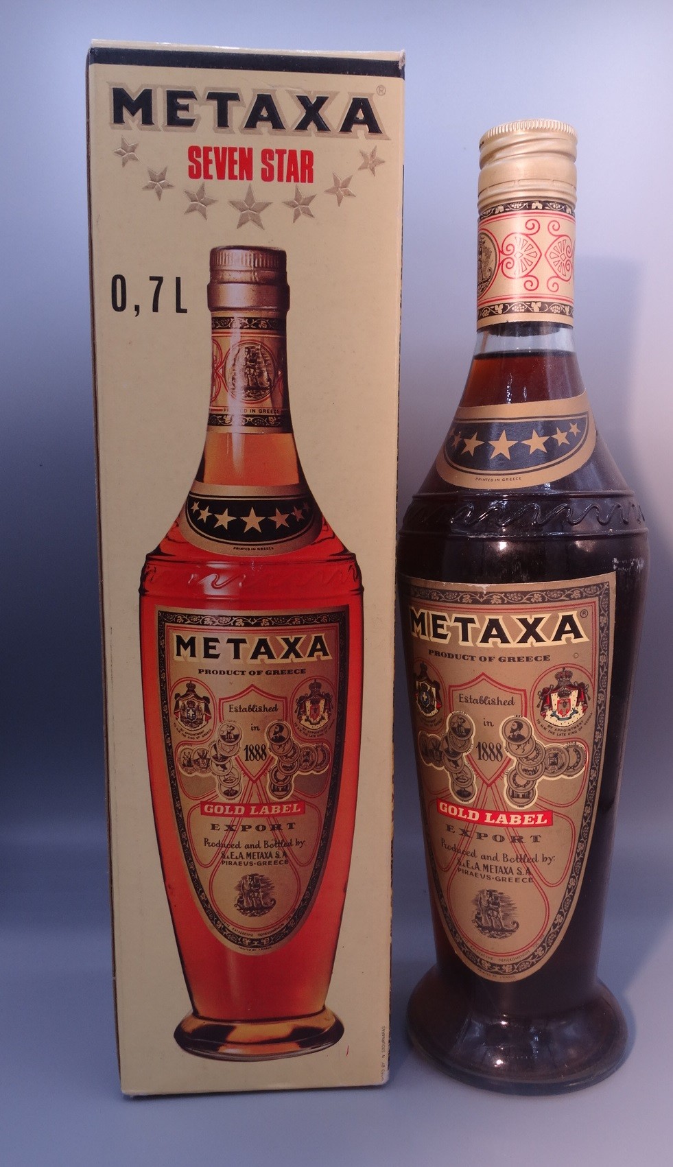METAXA - GOLD LABEL -SEVEN STAR - 0,7l Flasche - 40% vol - ALT und RAR - Vermutlich ca. 1975
